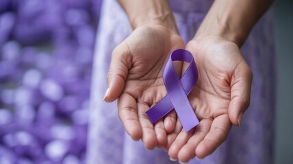Woman's hands holding a purple awareness ribbon for charity and support. Symbol for cancer, Alzheimer's, and domestic violence awareness