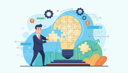 Problem solver businessman assembling a jigsaw puzzle lightbulb, symbolizing finding solutions and overcoming difficulties with innovation and strategic thinking, gears and data streams in background.