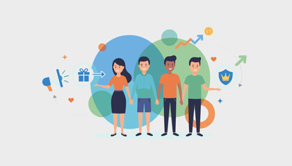 Referral marketing concept with diverse friends promoting a loyalty program, featuring a megaphone, gift box, growth chart, and shield with crown, symbolizing customer acquisition and brand advocacy