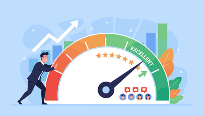 A determined businessman in a suit pushes a gauge towards 'Excellent', symbolizing the drive to improve skill levels, credit scores, or performance, with a rising graph and positive feedback icons in