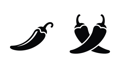 Black silhouette of a single chili pepper and two crossed chili peppers on a white background hot pepper.