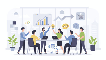 Diverse team of professionals collaborating in a modern office meeting, brainstorming innovative ideas, analyzing charts, and discussing strategies for sales growth and skill development, symbolizing