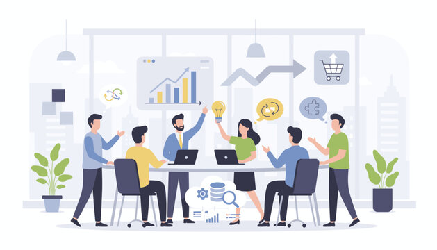 Diverse team of professionals collaborating in a modern office meeting, brainstorming innovative ideas, analyzing charts, and discussing strategies for sales growth and skill development, symbolizing