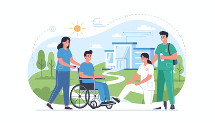 Vibrant vector illustration depicting compassionate healthcare professionals assisting a smiling disabled person in a wheelchair outside a modern medical facility, symbolizing care and recovery in a
