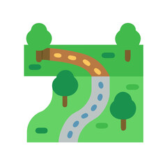 Stylized cartoon vector illustration of a country landscape featuring a winding road and trees