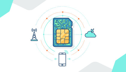 Vibrant vector illustration showcasing a mobile SIM card with a detailed microcircuit design, symbolizing connectivity and technology, surrounded by icons representing a cell tower, a smartphone, and