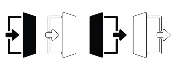 Professional login and exit icons with solid fill and outline variations for modern digital interfaces and user experience design