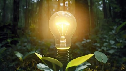 glowing light bulb emerging from a small plant in a forest setting, symbolizing innovation and sustainable energy created with generative ai - Powered by Adobe