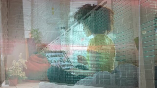 Woman initiating laptop browsing by scrolling thumbnails with code overlay while sipping coffee