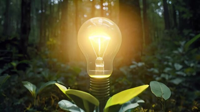 glowing light bulb emerging from a small plant in a forest setting, symbolizing innovation and sustainable energy created with generative ai