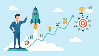 Successful business startup concept with a confident businessman pointing at a launching rocket, symbolizing growth, innovation, and achieving goals, illustrated with charts, coins, and a team