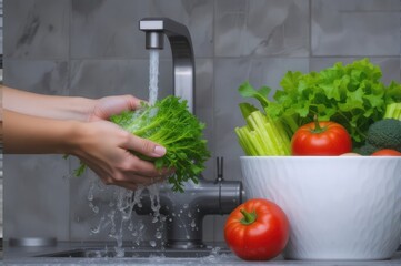 Hands carefully washing a vibrant bundle of fresh green lettuce under a stream of clean running water in a modern kitchen sink, surrounded by a colorful array of healthy vegetables