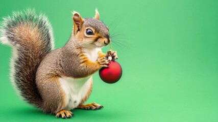 Cute squirrel holding red ornament with green background, Christmas spirit, festive holiday season, animal cheerfulness