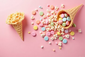 Delightful Cones A Colorful Sweet Treat Featuring Popcorn and Pastel Candies on Pink Background
