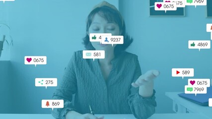 Presenter writing while notifications floating from right counts rising showing social engagement - Powered by Adobe