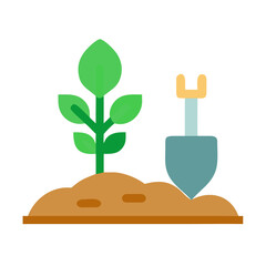Flat vector illustration of a seedling and shovel in the ground