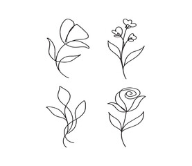 Set of Elegant Line Art Flowers Delicate Botanical Illustrations, Minimalist Floral Designs, Artistic Plant Elements for Creative Projects