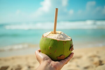 Tropical fresh green coconut in hand with straw on ocean sandy shore, macro photo and copy space, dslr, photoshoot
