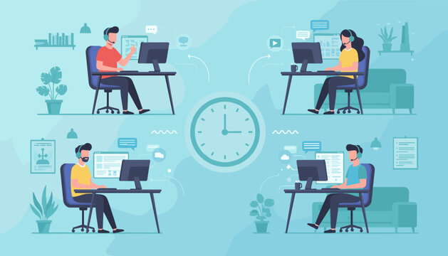 Modern flat illustration of a call center with four operators wearing headsets, working at computers, surrounded by communication icons and a large clock, symbolizing efficient customer service and