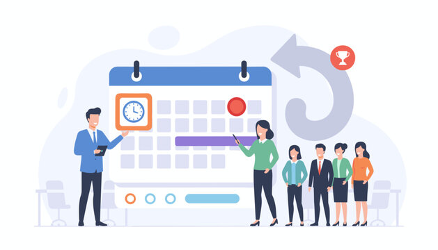 Business team planning and scheduling appointments on a large calendar, symbolizing effective time management, project deadlines, and strategic goal achievement in a modern office setting with a