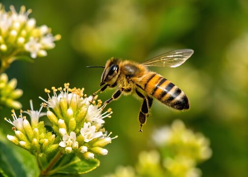 Honey bee Apis Mellifera hovering near small white flowers collecting nectar with blurred green background