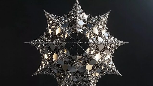 Intricate metallic fractal starburst reflecting light, a stunning, complex geometric artwork for futuristic and abstract themes, dynamic and mesmerizing visual. - Powered by Adobe