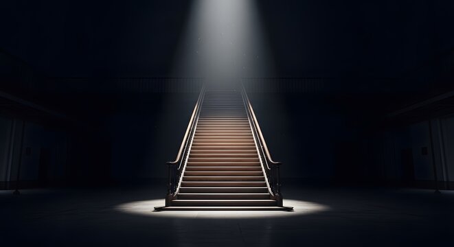 A wooden staircase ascends into a bright spotlight against a dark background, suggesting upward movement and revelation