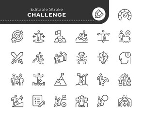 Challenge line icon set. Challenger, confrontation, competition, courage, overcome, struggle, contenders, conquering, hurdle, battle and more. Outline icon in linear style. Vector collection.	