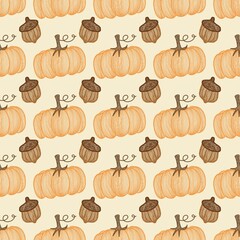 Hand Drawn Pumpkin and Acorn Seamless Pattern for Autumn and Thanksgiving
