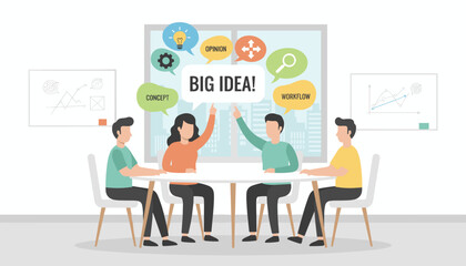 Diverse team of professionals collaborating around a table, brainstorming a big idea with speech bubbles containing concepts like workflow, opinion, and search, symbolizing innovation and teamwork in