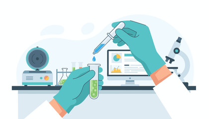 Close-up illustration of a clinician's hands wearing teal gloves, carefully holding a test tube filled with green liquid and a dropper dispensing blue liquid, symbolizing scientific research and