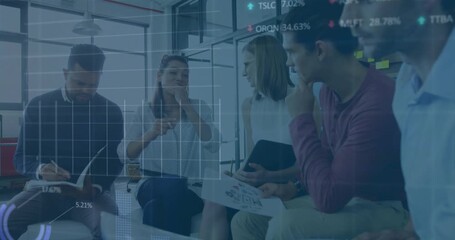 Speaker raising hands and team checking reports, animated graphs showing data trends in business - Powered by Adobe