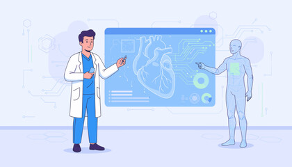 A male cardiologist in a white lab coat and blue scrubs stands next to a futuristic digital display showing a human heart and a wireframe human body, symbolizing medical technology and diagnosis.