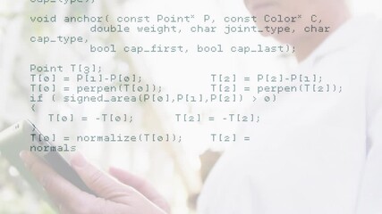 Senior woman tapping tablet screen and scrolling C++ code overlay in garden walkway for code review
