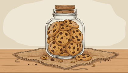 Charming illustration of a rustic glass jar brimming with delicious homemade chocolate chip cookies, sealed with a cork stopper, resting on a burlap mat on a wooden table, evoking a sense of warmth