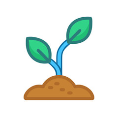 Simple flat vector graphic of a seedling emerging from brown soil patch