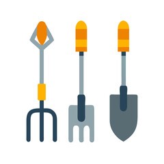Flat Illustration of Garden Tools: Spade, Rake and Fork isolated on Black