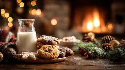 Cookies with milk on a Christmas table by the fireplace