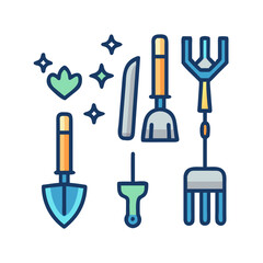 Set of gardening tools in flat design, vector illustration on black background