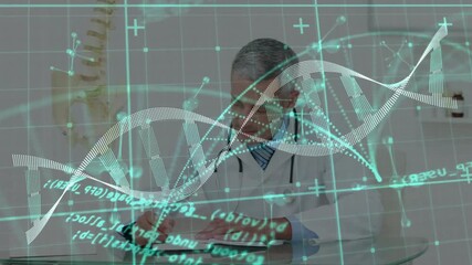 Animated DNA helix and code appearing over desk guiding doctor writing medical notes on clipboard