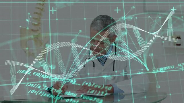 Animated DNA helix and code appearing over desk guiding doctor writing medical notes on clipboard