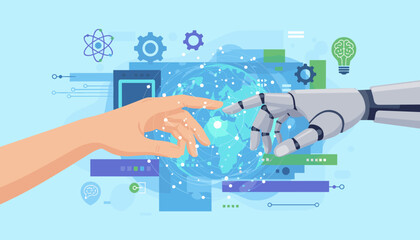 Futuristic concept of artificial intelligence and human collaboration, with a robot hand and a human hand reaching out to touch each other over a glowing digital globe, symbolizing the integration of