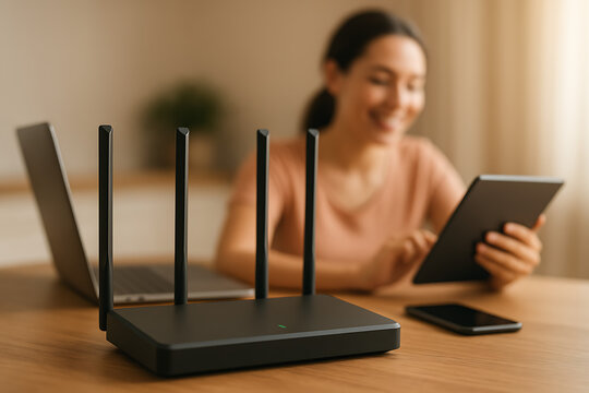Wireless wi-fi router on a desk with a woman using tablet and laptop in the background for high speed internet connection