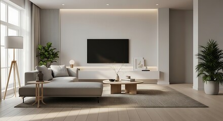 A tranquil and spacious modern living room featuring minimalist furniture and natural light