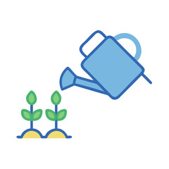Obraz premium Illustration of a blue watering can pouring water on two small plants