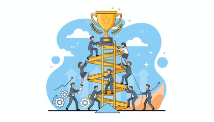 Vibrant illustration of a diverse team of business professionals collaborating to climb a golden ladder towards a prestigious trophy, symbolizing teamwork, success, and achieving goals in a dynamic