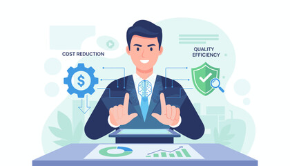 Business concept of cost reduction and quality efficiency, with a man in a suit interacting with a digital interface showing a brain, gear with dollar sign, and a shield with a checkmark