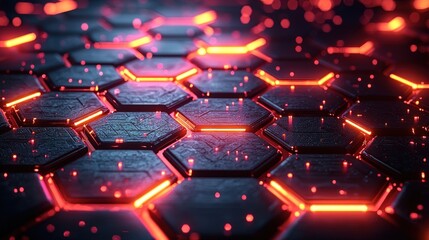 Fototapeta premium Glowing Hexagon Grid: Abstract Technology Background with Red Illumination and Circuit Board Texture