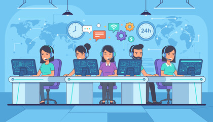 Diverse team of customer service operators working in a modern call center, wearing headsets and looking at computer screens displaying data, with a world map and 24-hour service icons in the