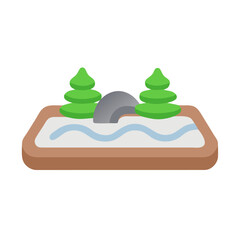 Minimalist Zen Garden Illustration Featuring Trees Rock and Water on Tan Base